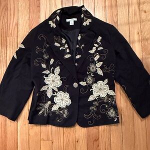 Dressbarn Black Floral Embroidered Embellished Lady Blazer Cotton Blend western